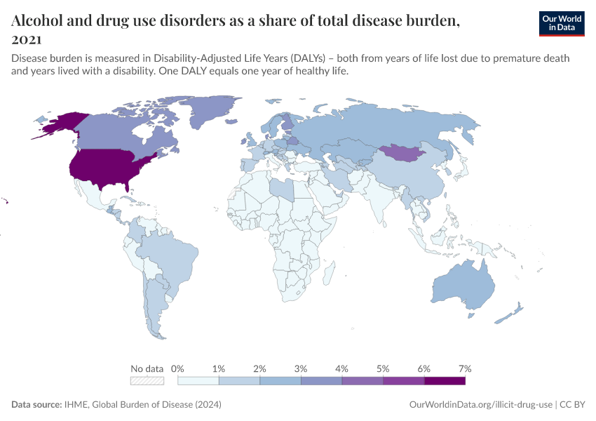 A thumbnail of the "Alcohol and drug use disorders as a share of total disease burden" chart