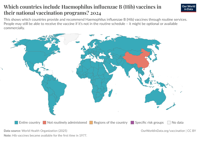 A thumbnail of the "Which countries include Haemophilus influenzae B (Hib) vaccines in their national vaccination programs?" chart